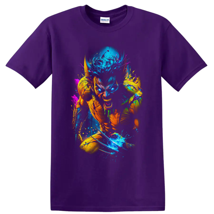 Wolverine neon comic action art with claws, glowing eyes, and electric paint splashes on a Purple T Shirt