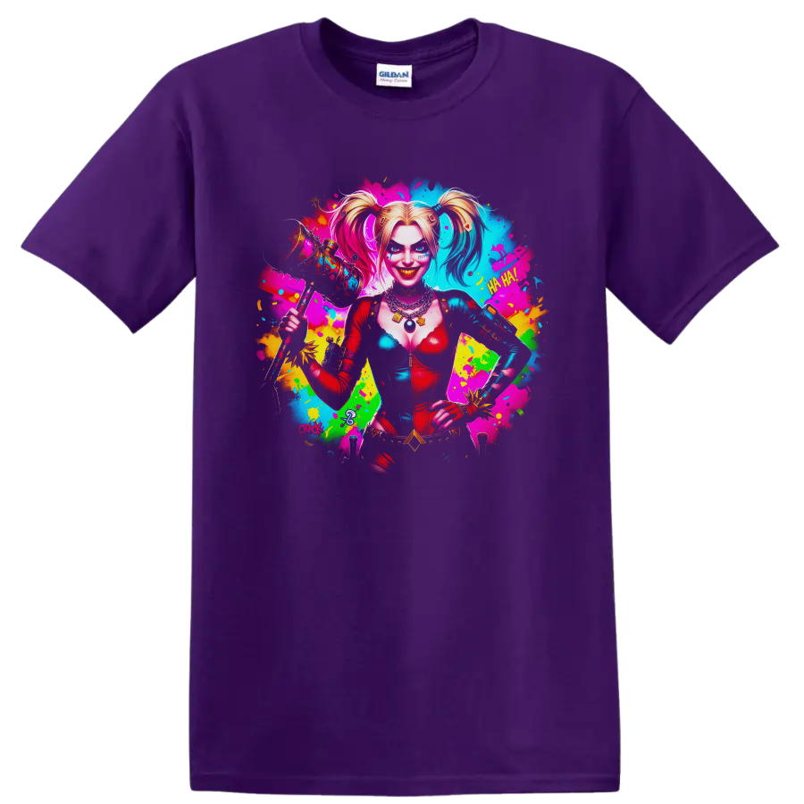 Harley Quinn neon pop art portrait with mallet, cards, and colorful paint splashes on a Purple T Shirt