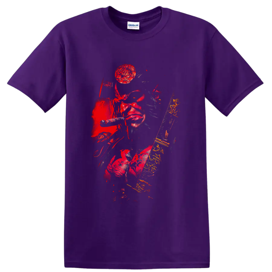 Hellboy red demon with revolver, sword, stone hand, and distressed gothic comic art on a Purple T Shirt