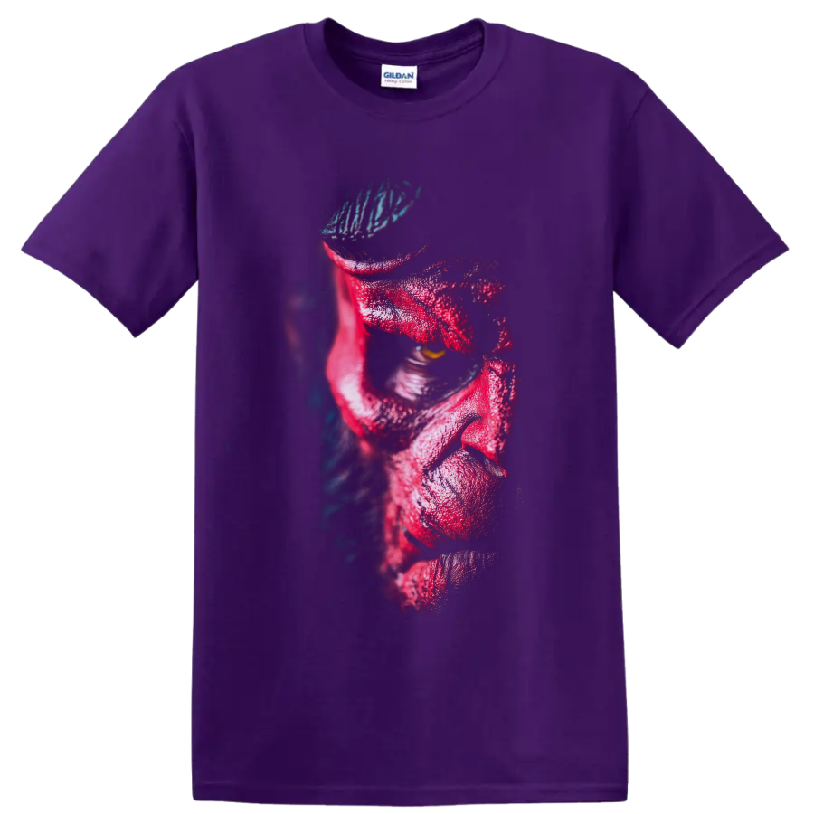 Hellboy red demon portrait with golden eye and blue-lit textured shadows on a Purple T Shirt