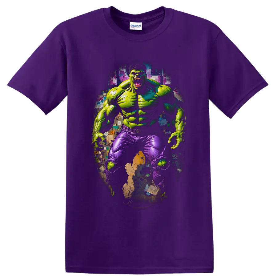 Hulk roaring superhero comic art with torn purple pants and gritty collage backdrop on a Purple T Shirt