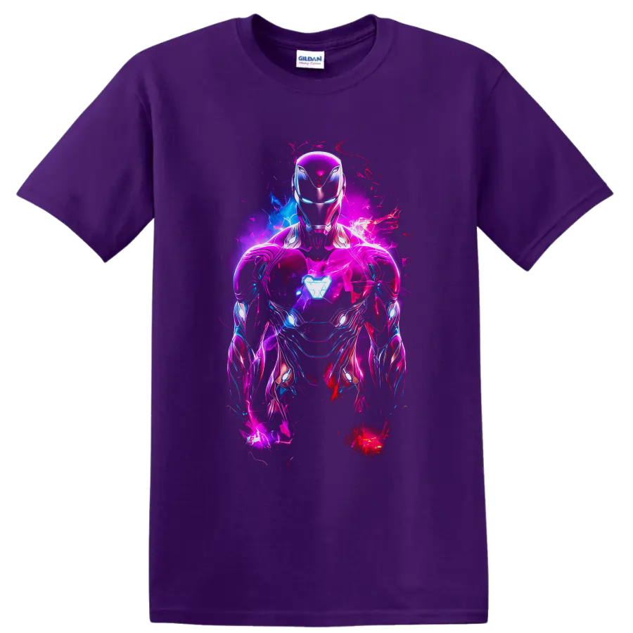 Iron Man in neon pink and blue armor with glowing arc reactor and electric comic effects on a Purple T Shirt