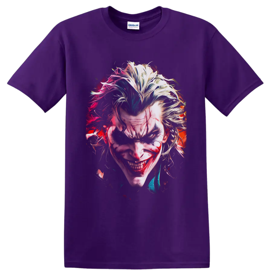 Joker sinister portrait with wild multicolor hair and a chilling comic horror grin on a Purple T Shirt