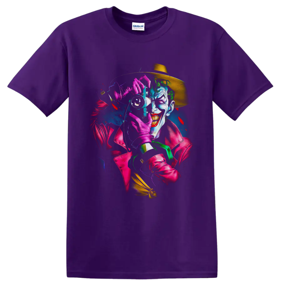 Neon Joker camera portrait with golden hat, pink gloves, and graphic novel styling on a Purple T Shirt