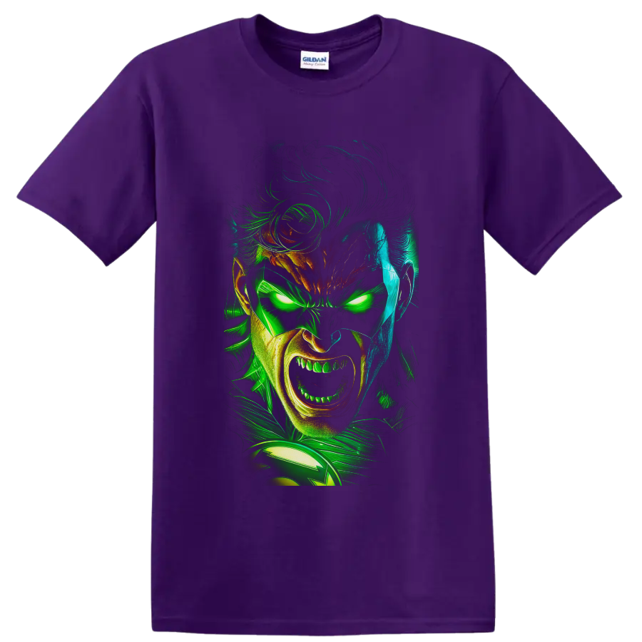 Guy Gardner as Green Lantern in neon comic portrait with glowing eyes and energy swirls on a Purple T Shirt
