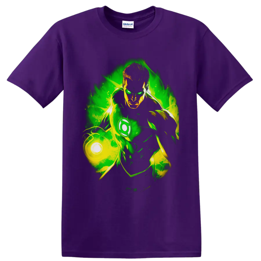 Hal Jordan Green Lantern comic art with glowing power ring and swirling green energy on a Purple T Shirt