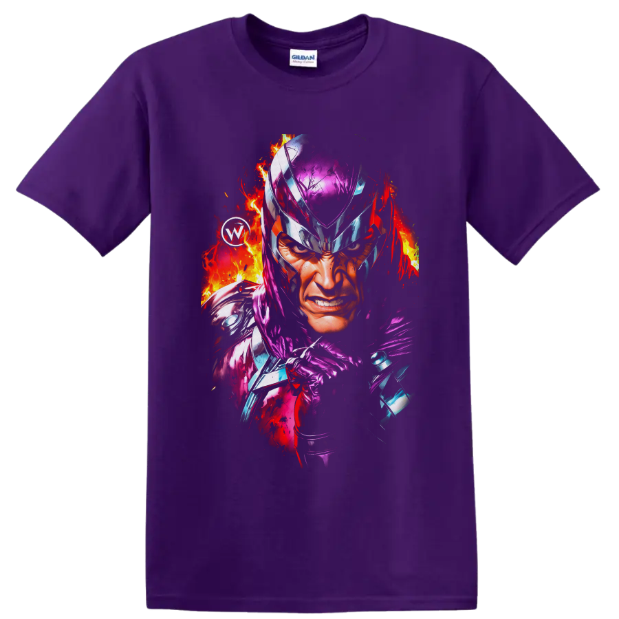 Magneto fiery helmet portrait with purple armor and comic-style flame splashes on a Purple T Shirt