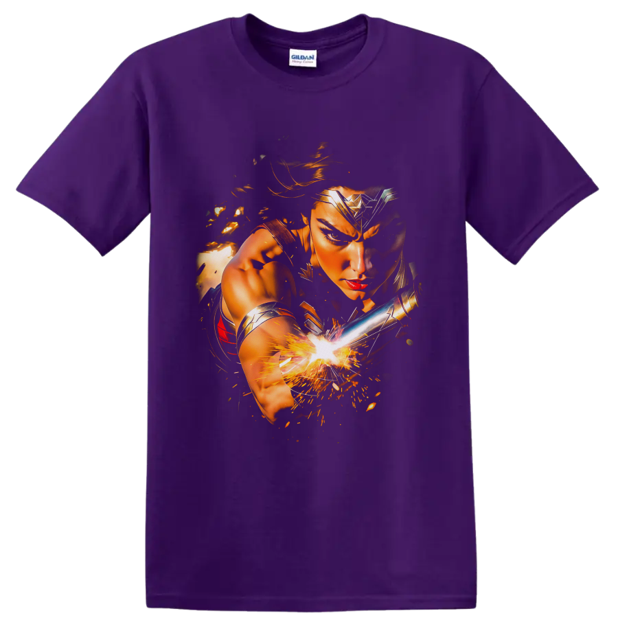 Wonder Woman warrior portrait with golden armor, silver bracer, and fiery battle sparks on a Purple T Shirt