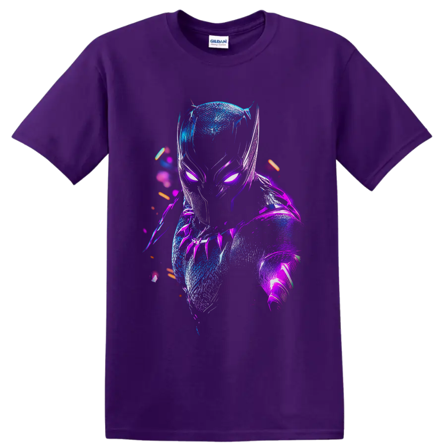Black Panther T'Challa neon cyberpunk portrait with glowing blue and purple armor on a Purple T Shirt