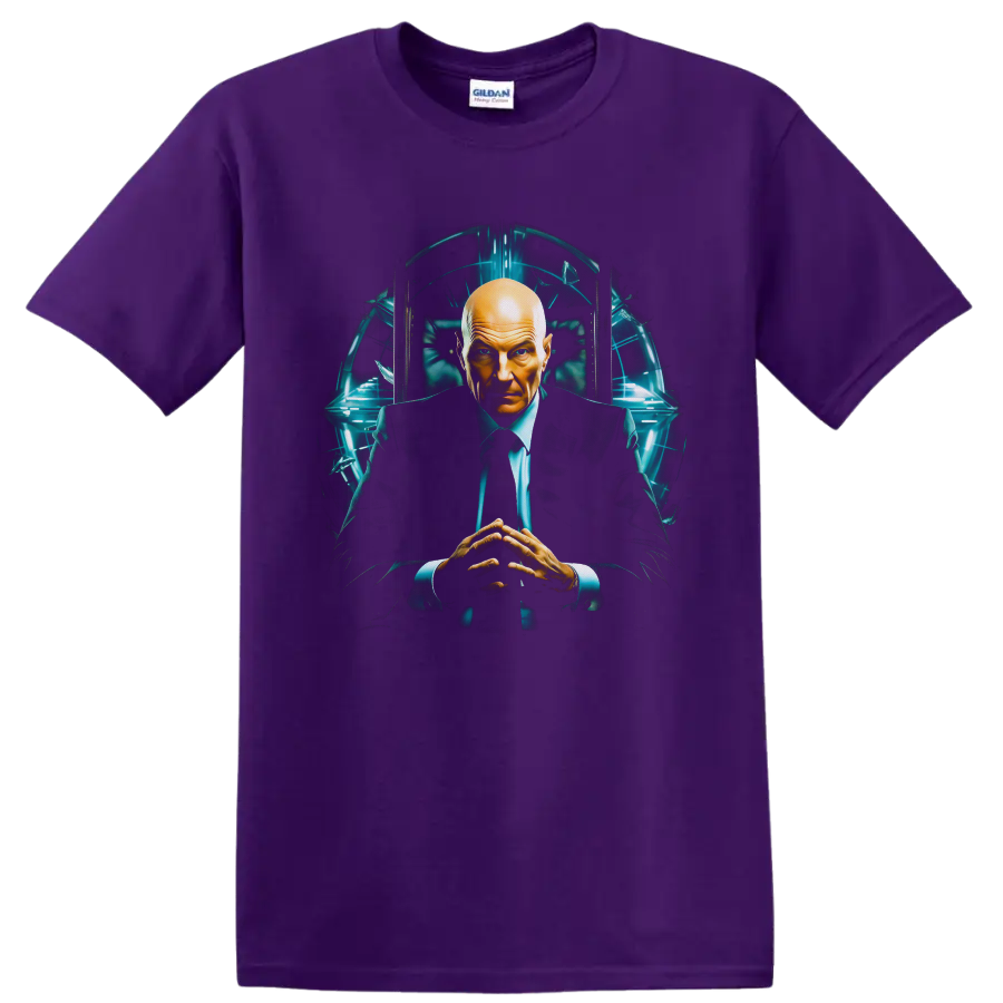 Professor X seated in a futuristic teal-lit chamber, cinematic sci-fi portrait artwork on a Purple T Shirt