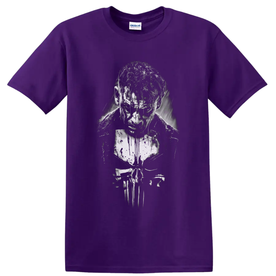 The Punisher Frank Castle distressed black-and-white vigilante portrait with skull motif on a Purple T Shirt