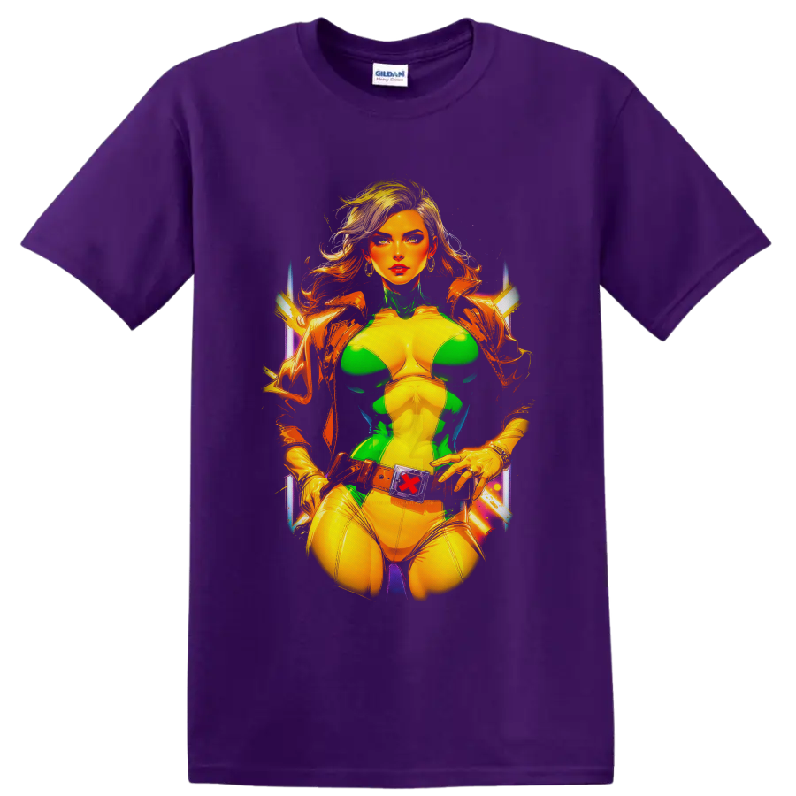 Rogue of X-Men in green and yellow costume, vivid neon comic portrait on a Purple T Shirt