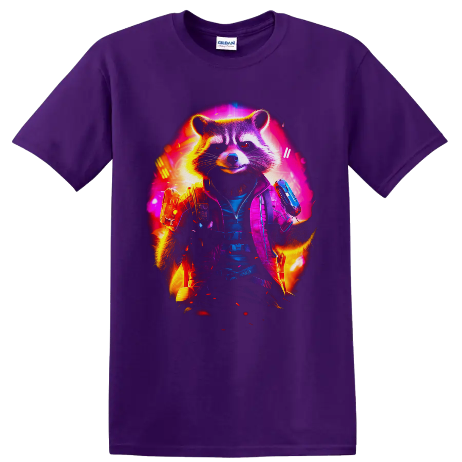Rocket Raccoon neon sci-fi action portrait with tactical gear and futuristic blasters on a Purple T Shirt