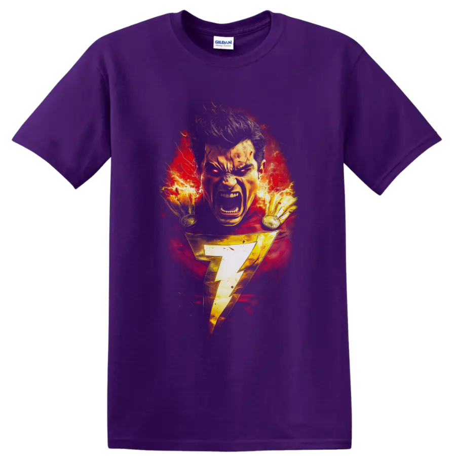 Shazam fiery comic portrait with gold lightning bolt and crackling electric energy on a Purple T Shirt