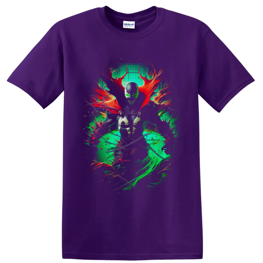 Spawn Al Simmons dark comic art with green energy, red cape forms, and chains on a Purple T Shirt