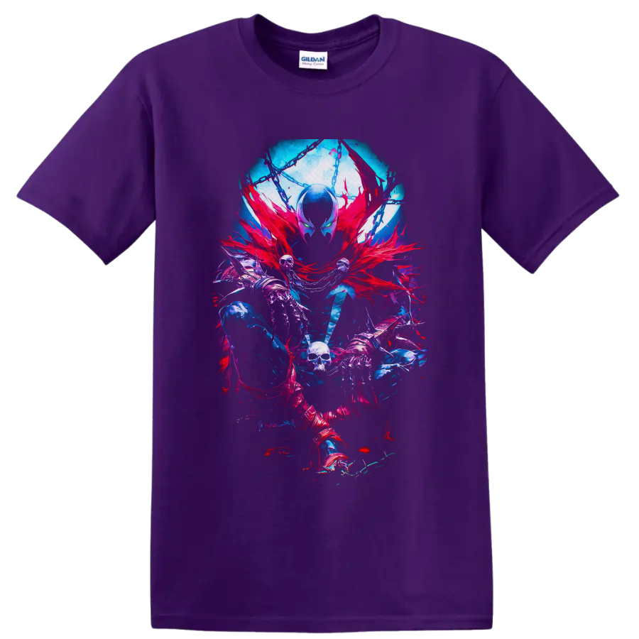 Spawn gothic comic art with red cape, chains, skeletal hands, skull, and neon effects on a Purple T Shirt