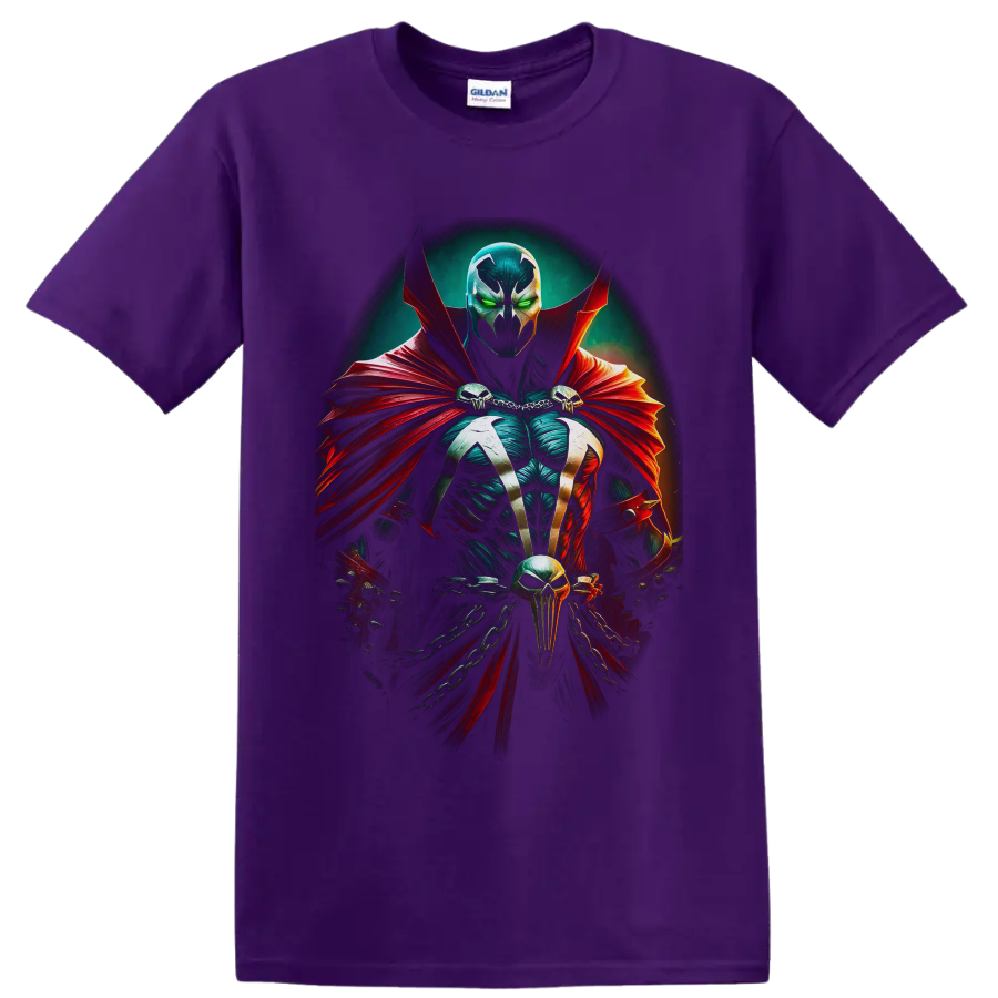 Spawn gothic antihero portrait with red cape, green eyes, skulls and chains on a Purple T Shirt