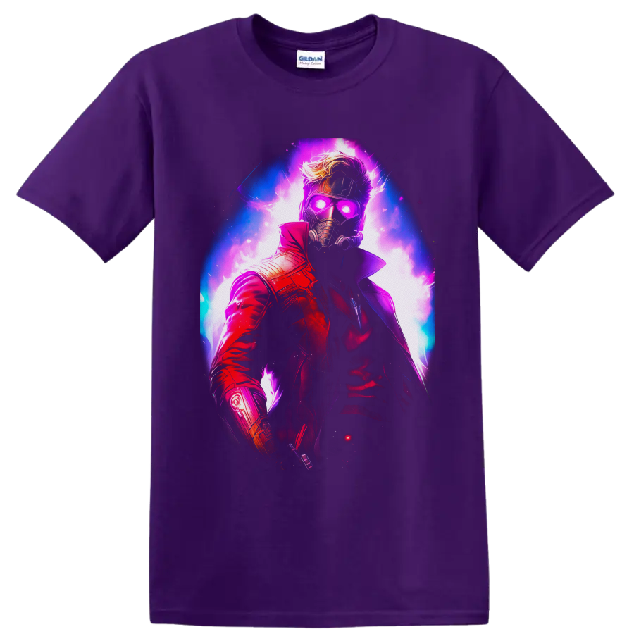 Star-Lord Peter Quill neon cosmic portrait with glowing mask and red coat on a Purple T Shirt