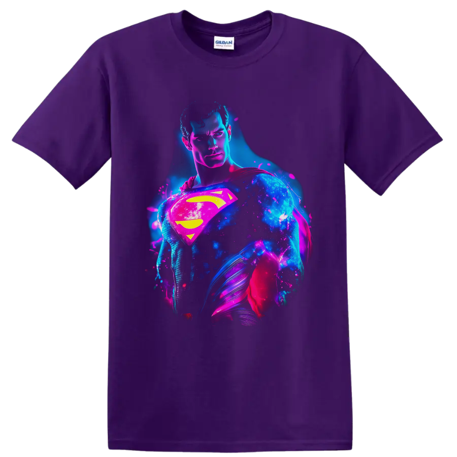 Superman Clark Kent neon cosmic portrait with glowing shield, cape, and splatter art on a Purple T Shirt