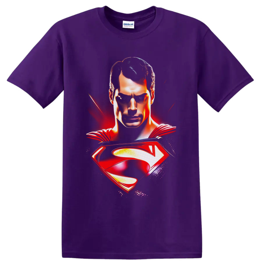 Superman Clark Kent portrait with red cape and glowing shield emblem comic artwork on a Purple T Shirt