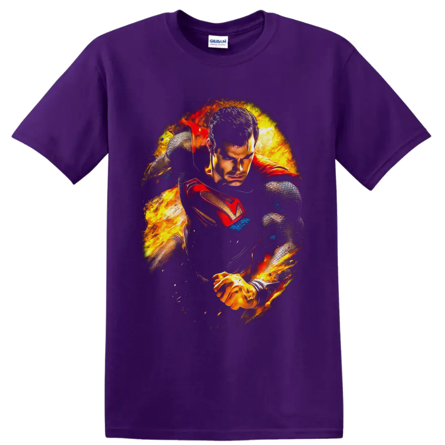 Superman as Clark Kent in fiery comic-style action art with red cape and shield on a Purple T Shirt