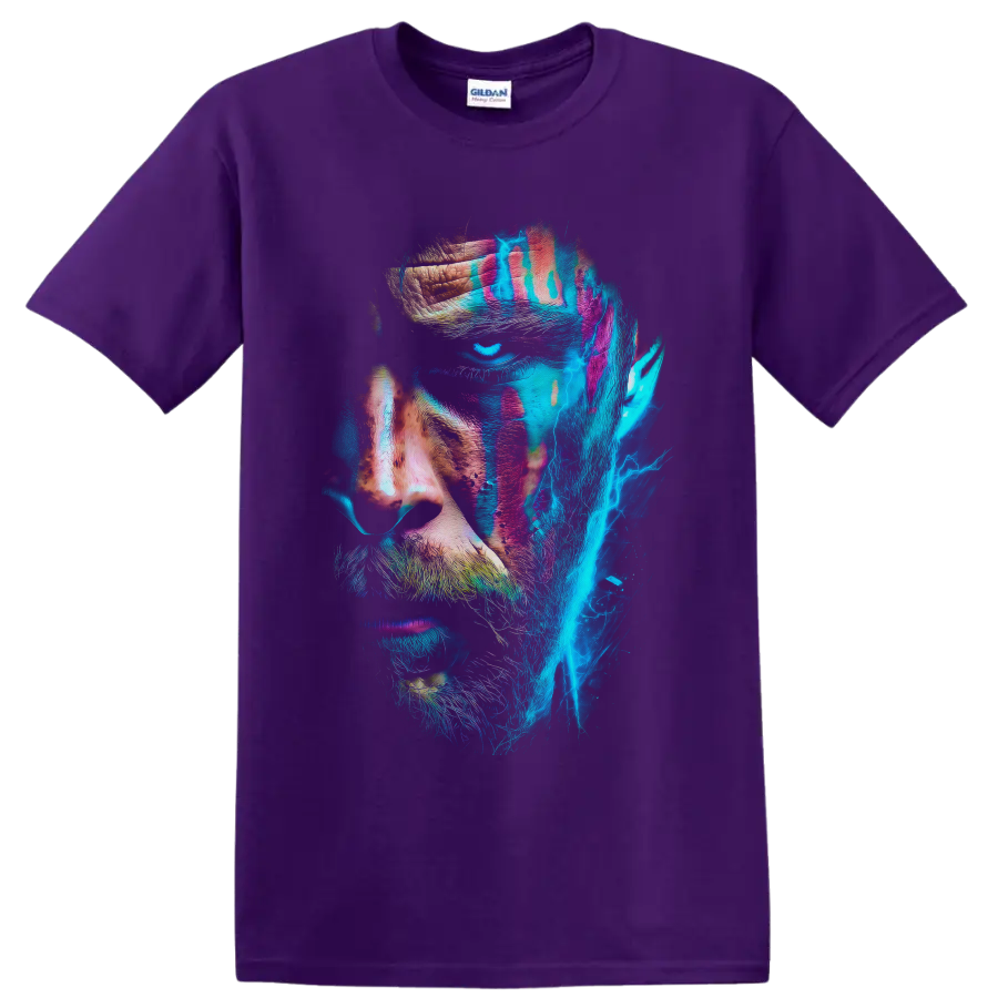 Kratos neon warrior portrait with cyan lightning and distressed paint textures on a Purple T Shirt