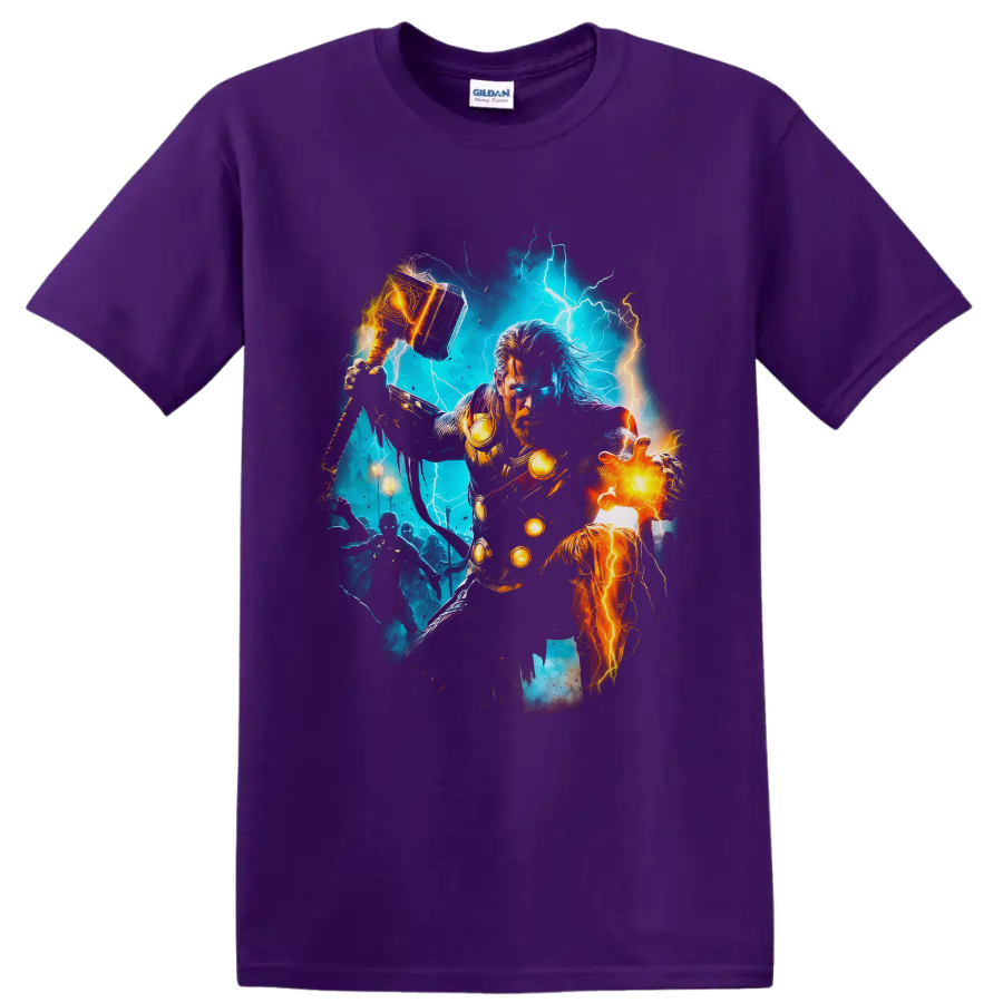 Thor and Mighty Thor comic art with lightning, glowing hammer, armor, and fiery energy on a Purple T Shirt