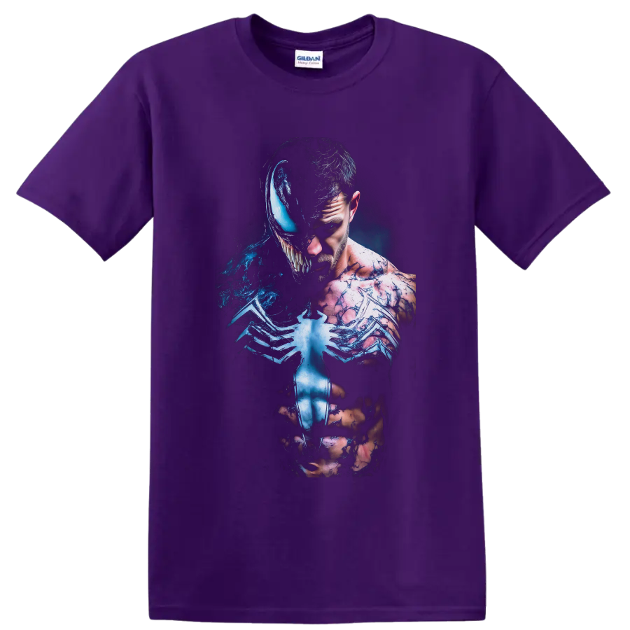Venom and Eddie Brock split symbiote transformation in dark blue comic art on a Purple T Shirt