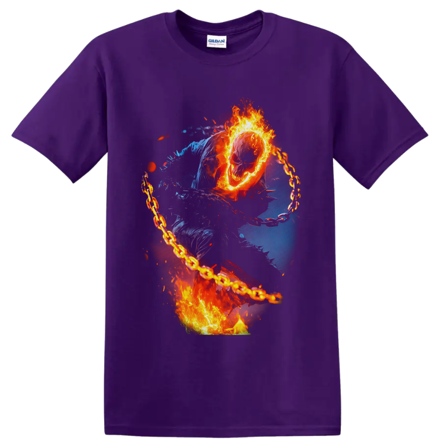 Ghost Rider flaming skull and chain in fiery comic-inspired supernatural action art on a Purple T Shirt