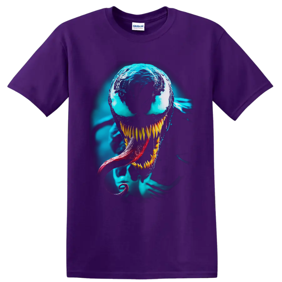 Venom symbiote portrait with cyan glow, sharp golden teeth, and red tongue on a Purple T Shirt