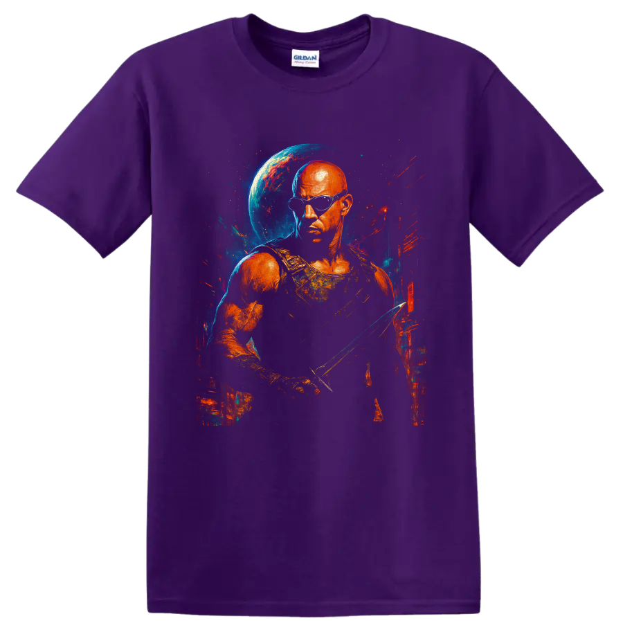 Riddick cosmic warrior portrait with goggles, blade, blue planet, and painted space on a Purple T Shirt