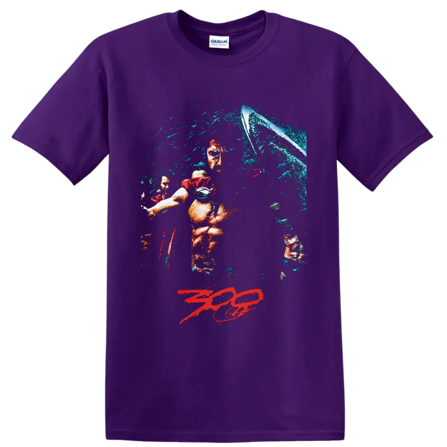 Leonidas Spartan warrior battle scene with shield, crashing wave, and red 300 logo on a Purple T Shirt