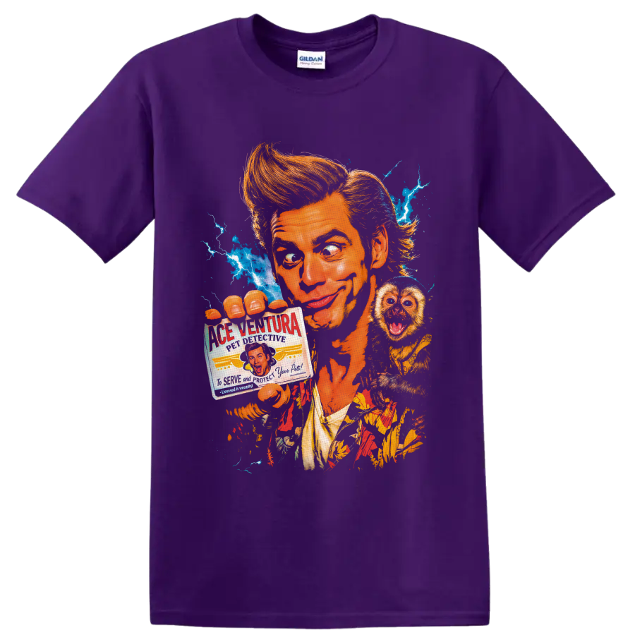 Ace Ventura retro portrait with monkey, detective credential, and blue lightning on a Purple T Shirt
