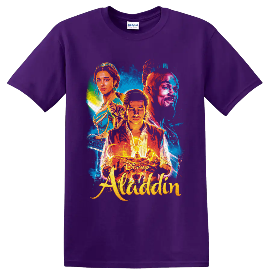 Aladdin, Jasmine and Genie neon portrait with magic lamp and flying carpet on a Purple T Shirt