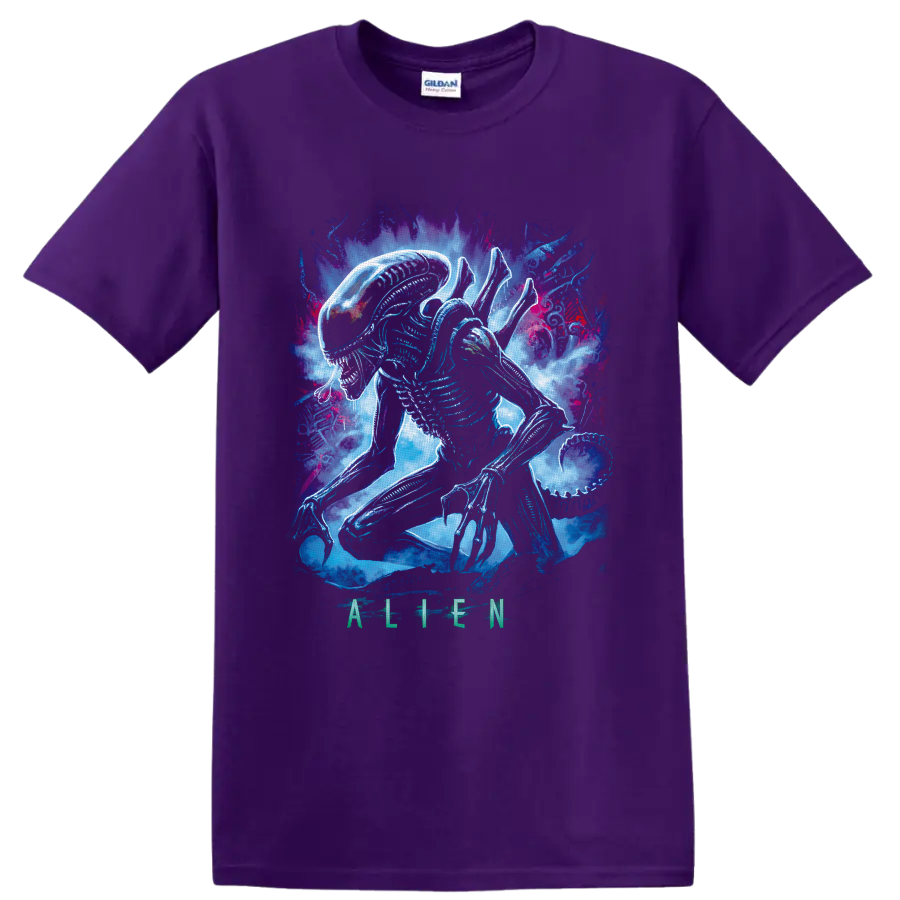 Neon Xenomorph from Alien crouching amid blue, purple, and magenta cosmic smoke on a Purple T Shirt