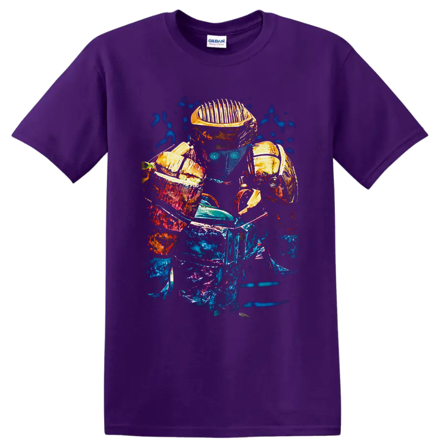 Atom from Real Steel robot boxer in neon blue, magenta, and gold sci-fi graphic art on a Purple T Shirt