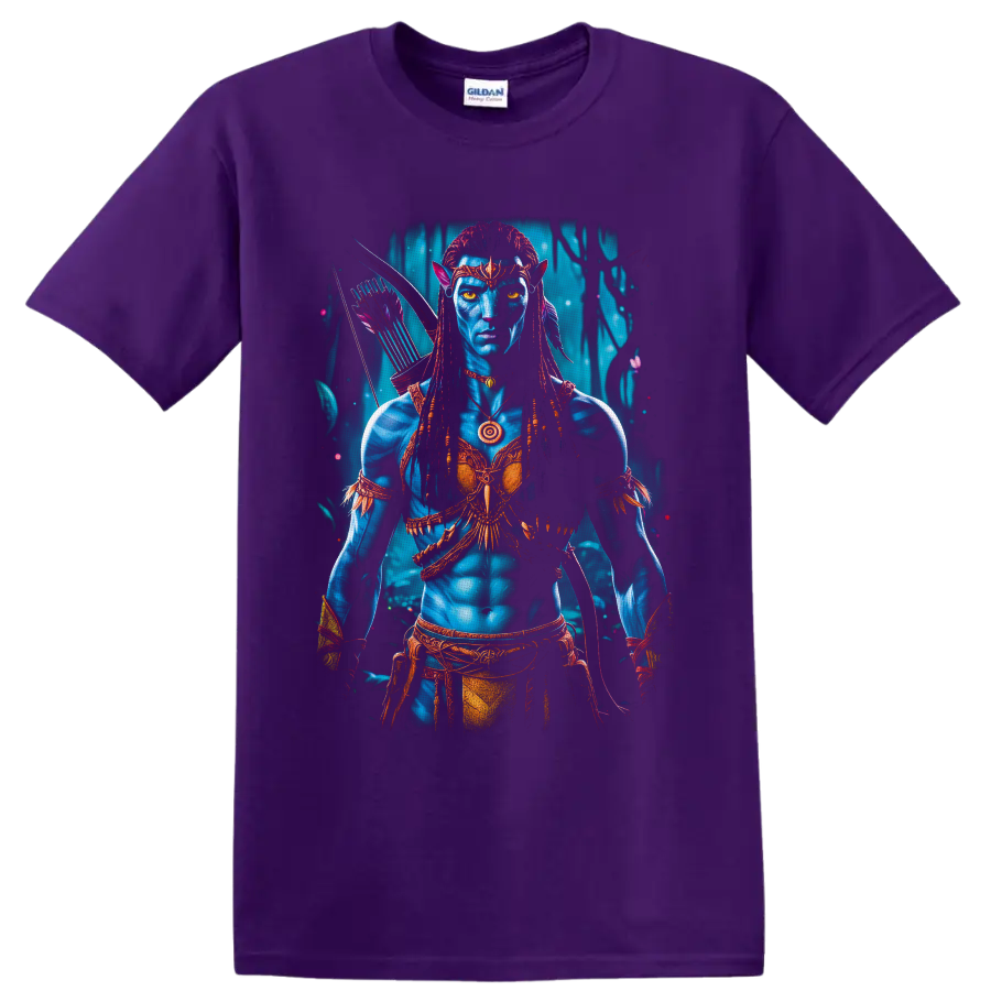 Neytiri Avatar Na'vi warrior archer portrait with glowing forest backdrop on a Purple T Shirt