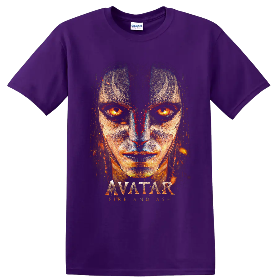 Varang fiery-eyed distressed portrait with Avatar Fire and Ash lettering on a Purple T Shirt