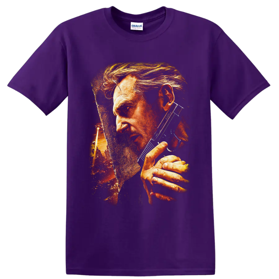 Travis Bickle gritty portrait with sunglasses and glowing urban skyline artwork on a Purple T Shirt