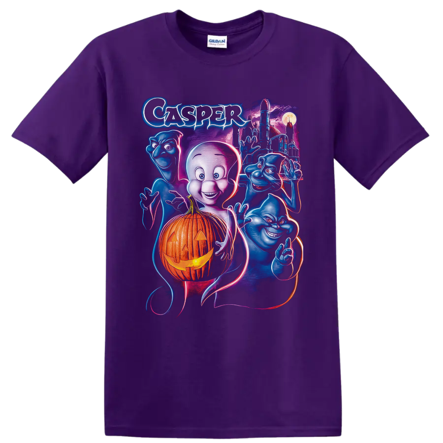 Casper the Friendly Ghost neon art with pumpkin, blue ghosts, moonlit castle, and moon on a Purple T Shirt