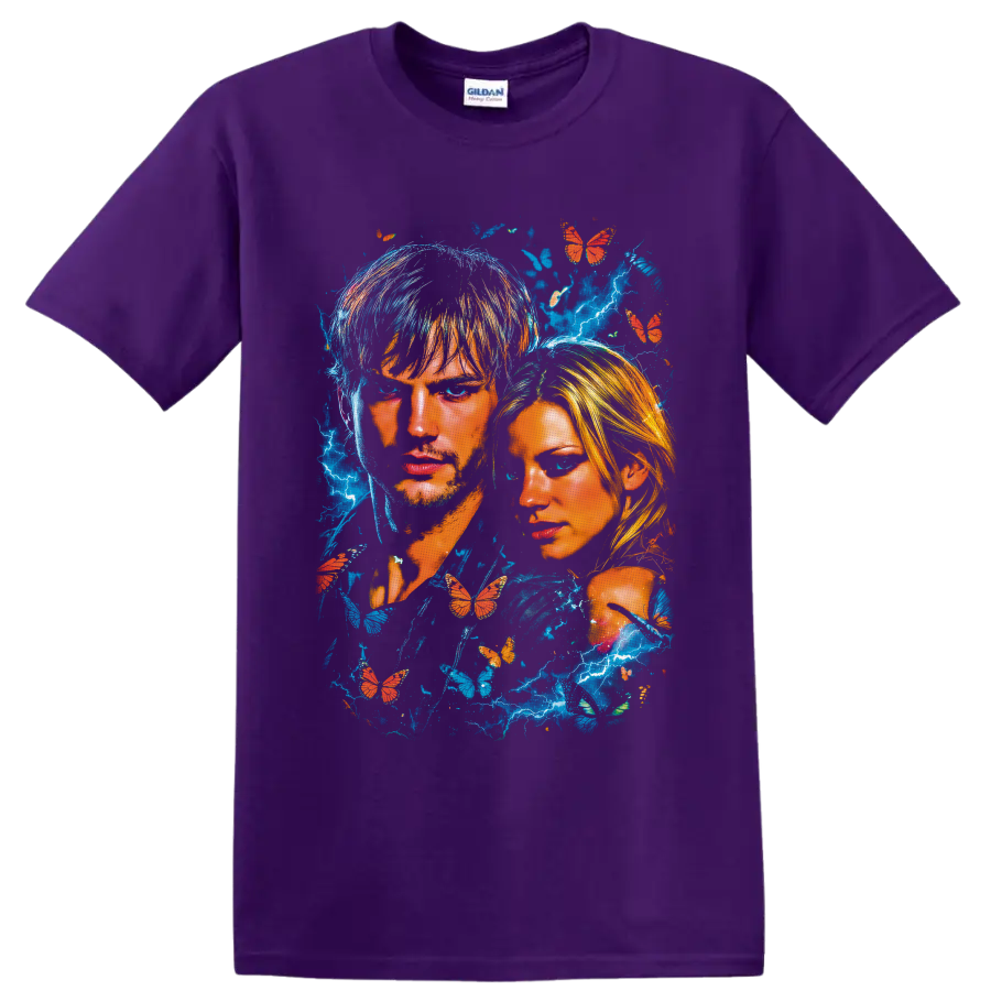 The Butterfly Effect dual portrait with blue lightning and orange butterflies on a Purple T Shirt