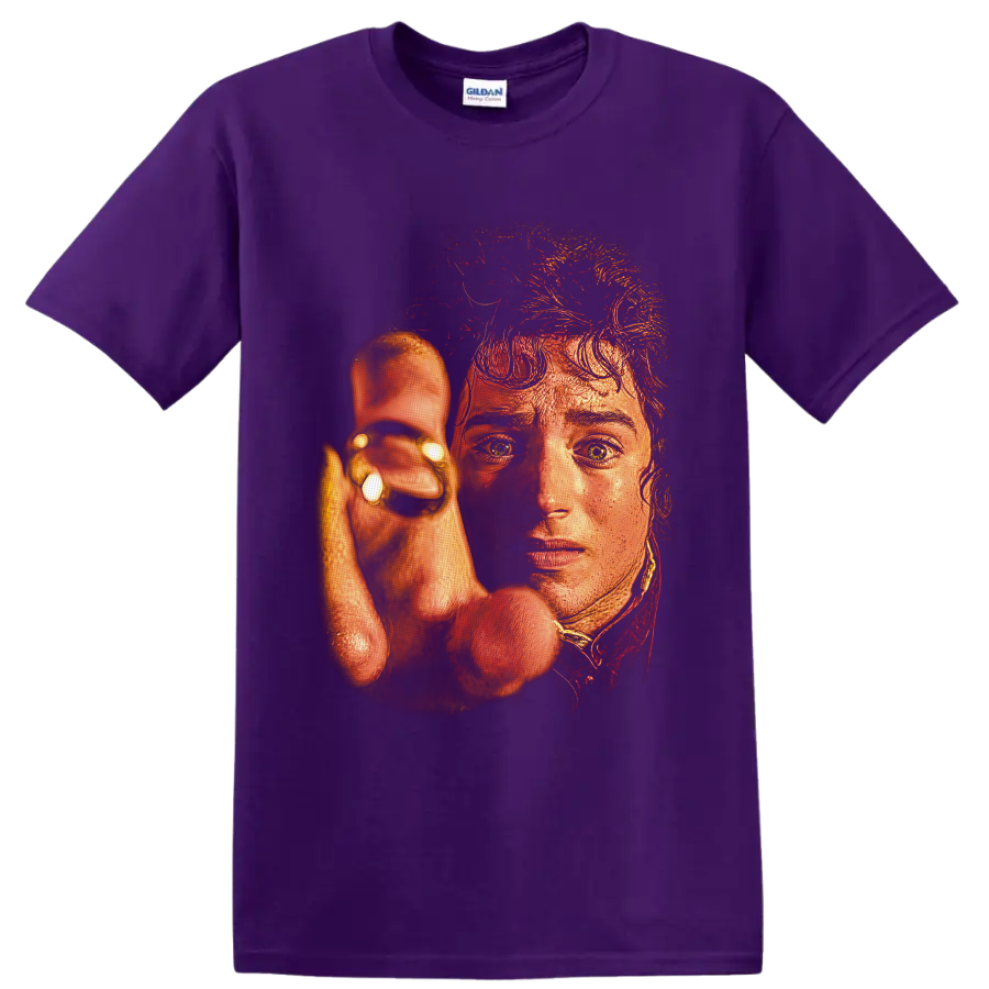 Frodo Baggins holding the One Ring in fiery painterly fantasy portrait art on a Purple T Shirt