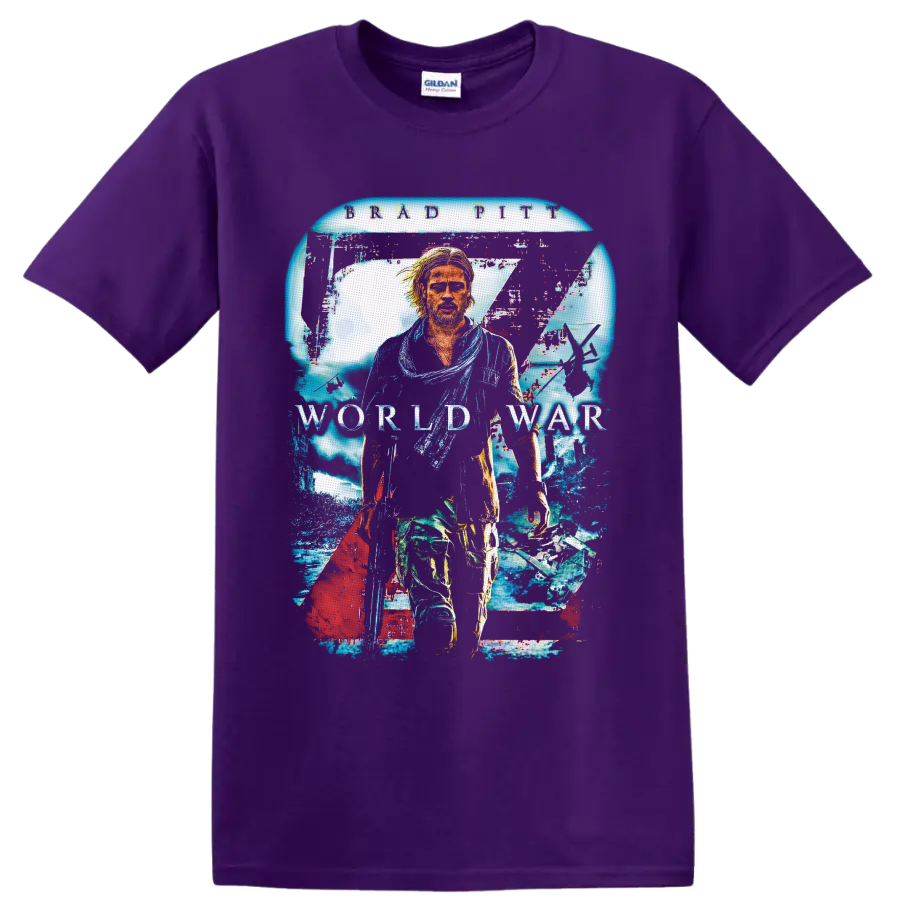 Jerry Lane World War Z distressed collage with aircraft, infected crowd, and movie text on a Purple T Shirt