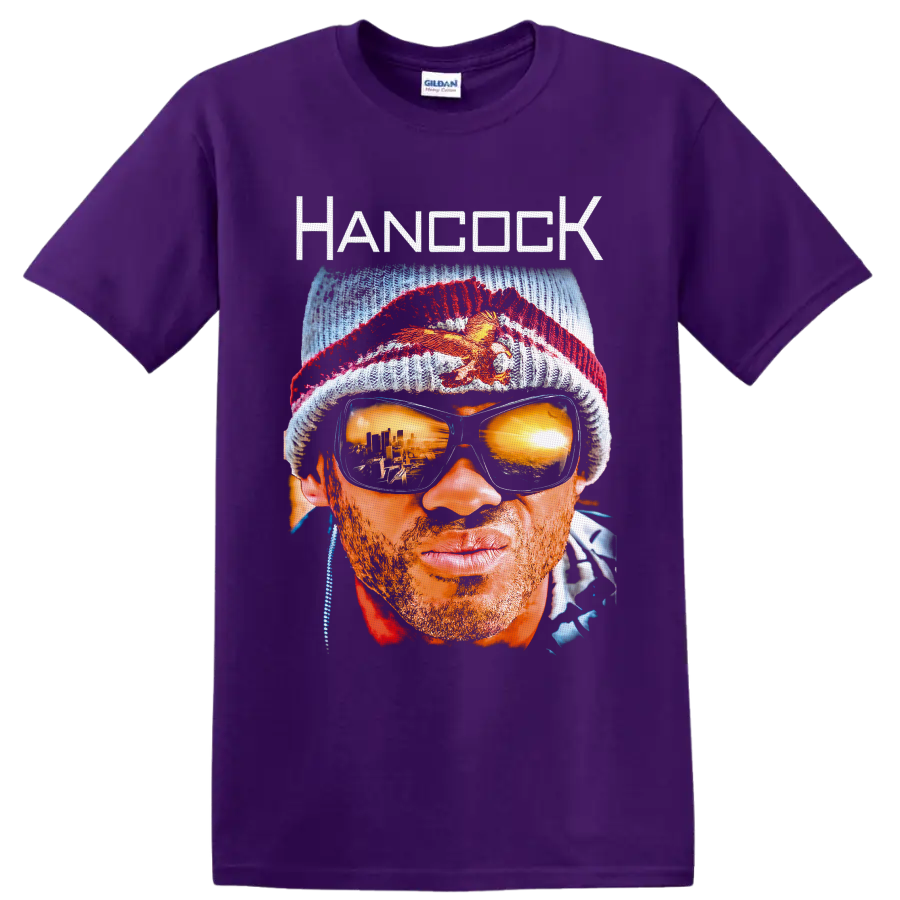 John Hancock Hancock portrait with knit cap, mirrored sunglasses, and city reflections on a Purple T Shirt