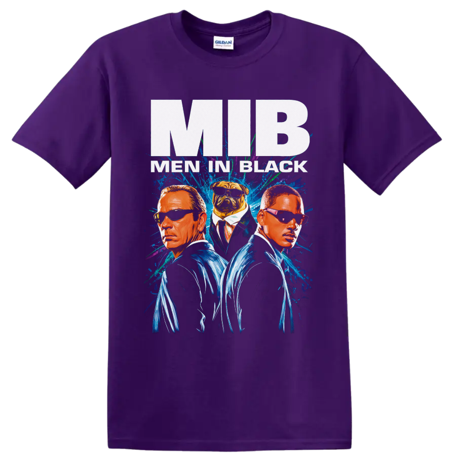 Agent J, Agent K and Frank the Pug in neon Men in Black II poster art on a Purple T Shirt