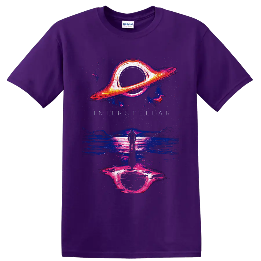 Neon Interstellar astronaut beneath a glowing black hole over reflective alien water on a Purple T Shirt