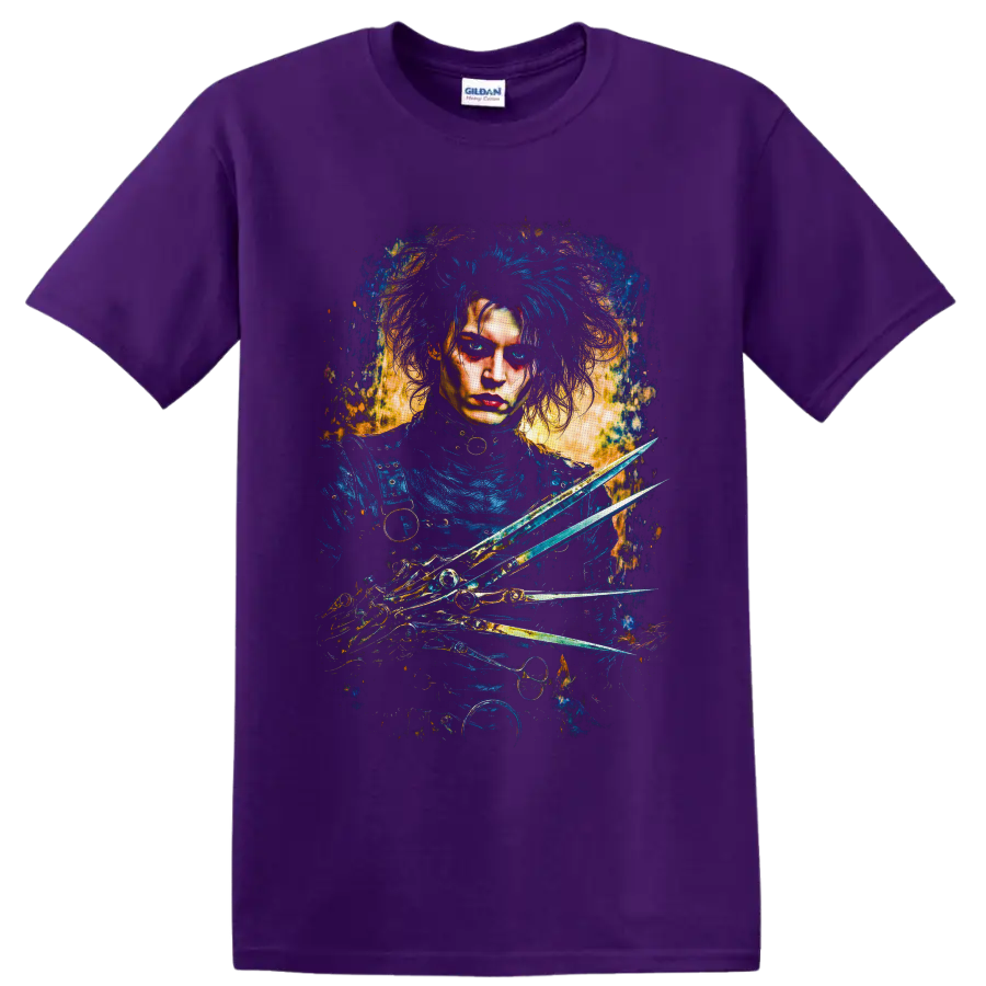 Edward Scissorhands gothic portrait with blue hair, scissor hands, and gold splatter art on a Purple T Shirt