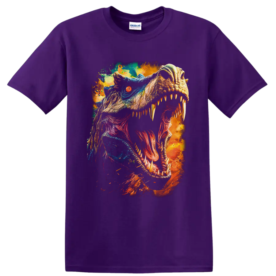 Jurassic World Tyrannosaurus rex roaring color-splash dinosaur art on a Purple T Shirt