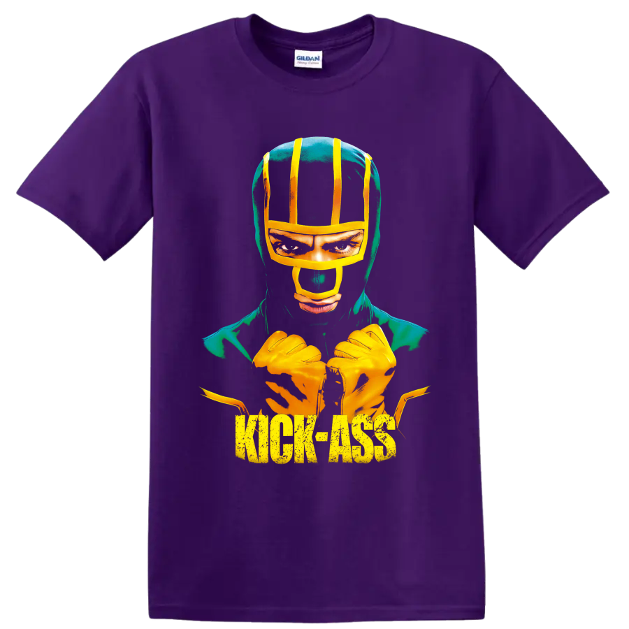 Dave Lizewski as Kick-Ass in a distressed comic-style masked hero graphic on a Purple T Shirt