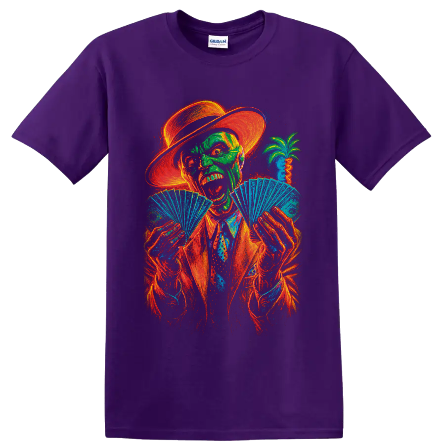 The Mask neon character in hat and suit fanning playing cards on a Purple T Shirt